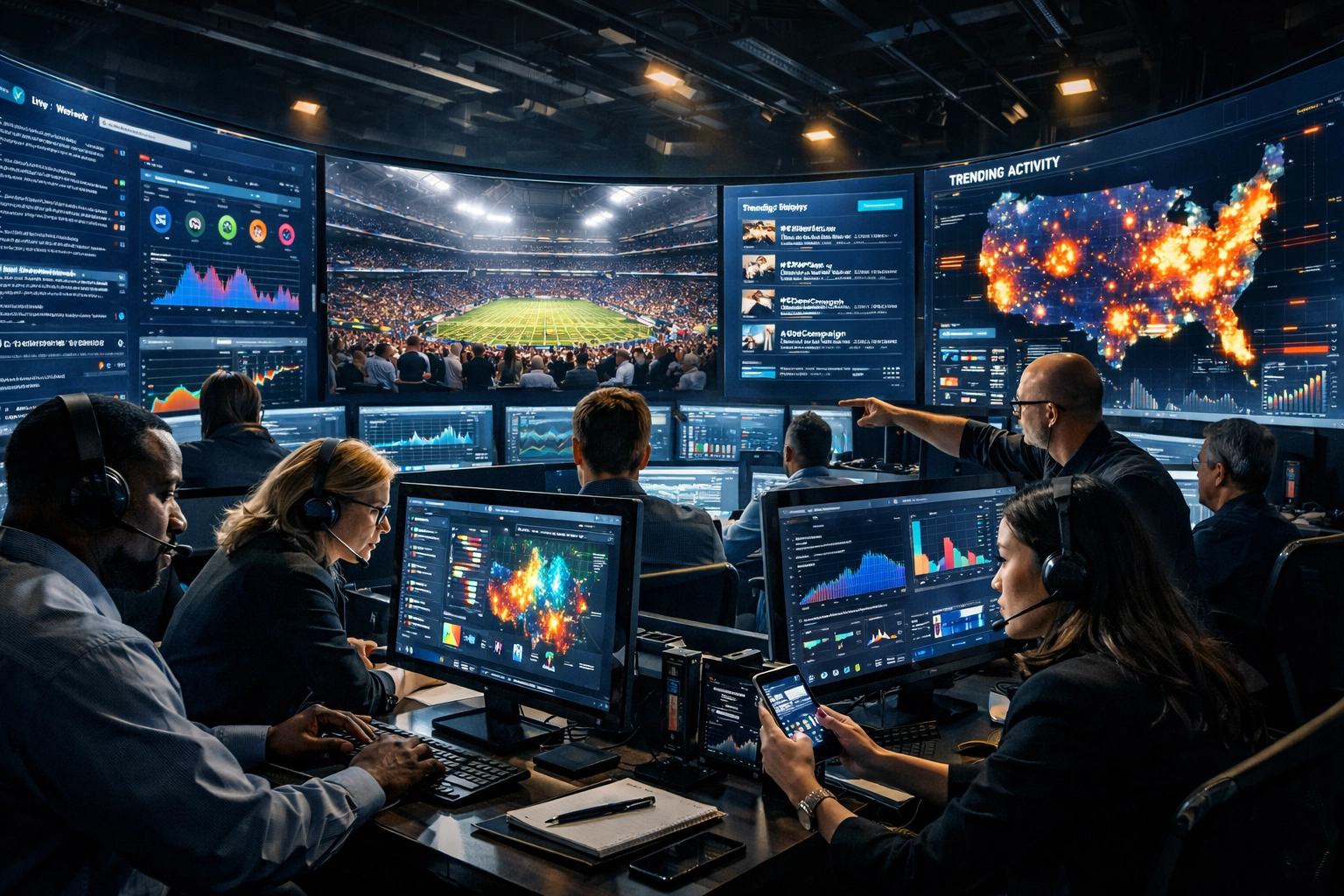 Digital marketing team tracking real-time Super Bowl 2026 engagement and social media analytics in a command center.