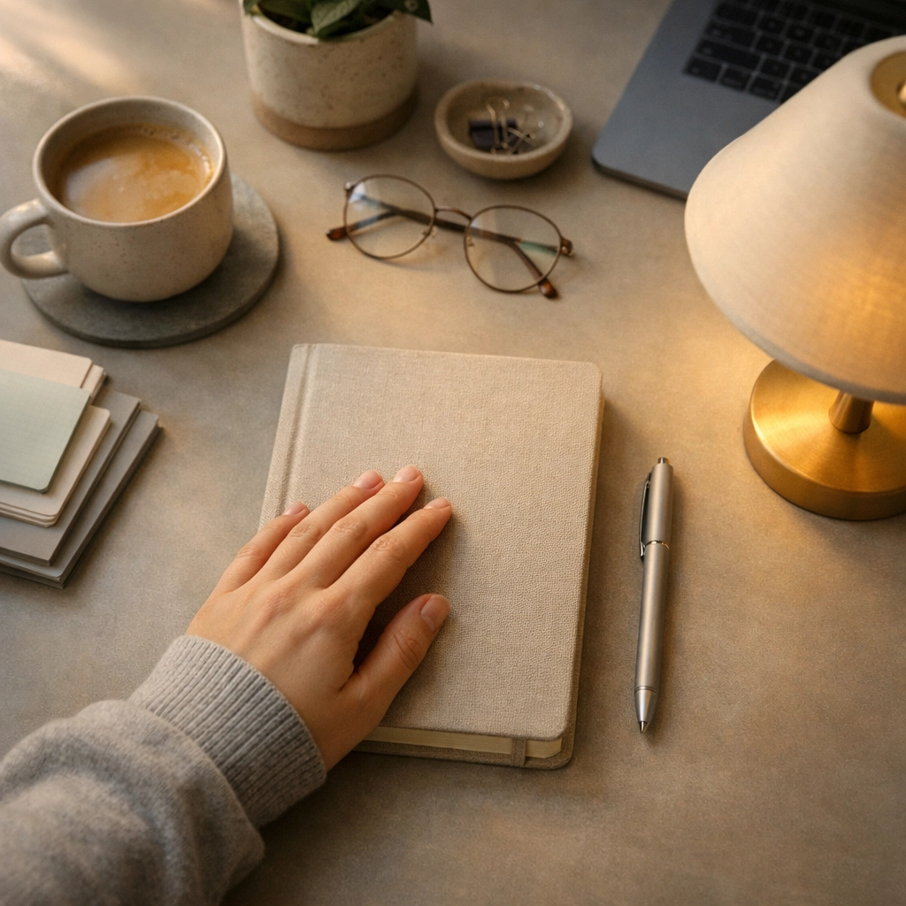 Professional reflecting at desk with journal, practicing self-awareness to recognize anger signals