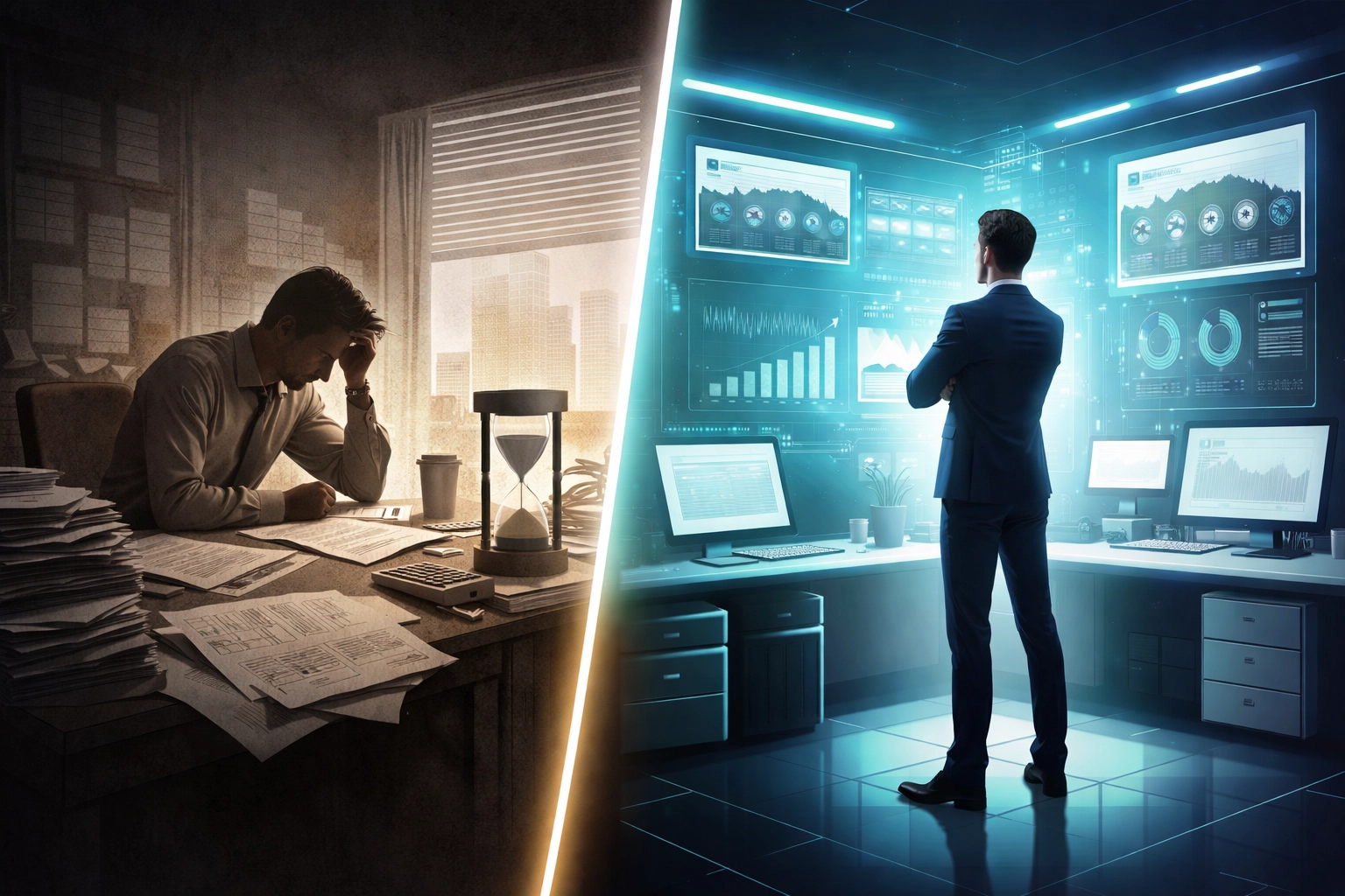 Side-by-side comparison of manual and automated real estate workflows, highlighting time savings and increased efficiency.