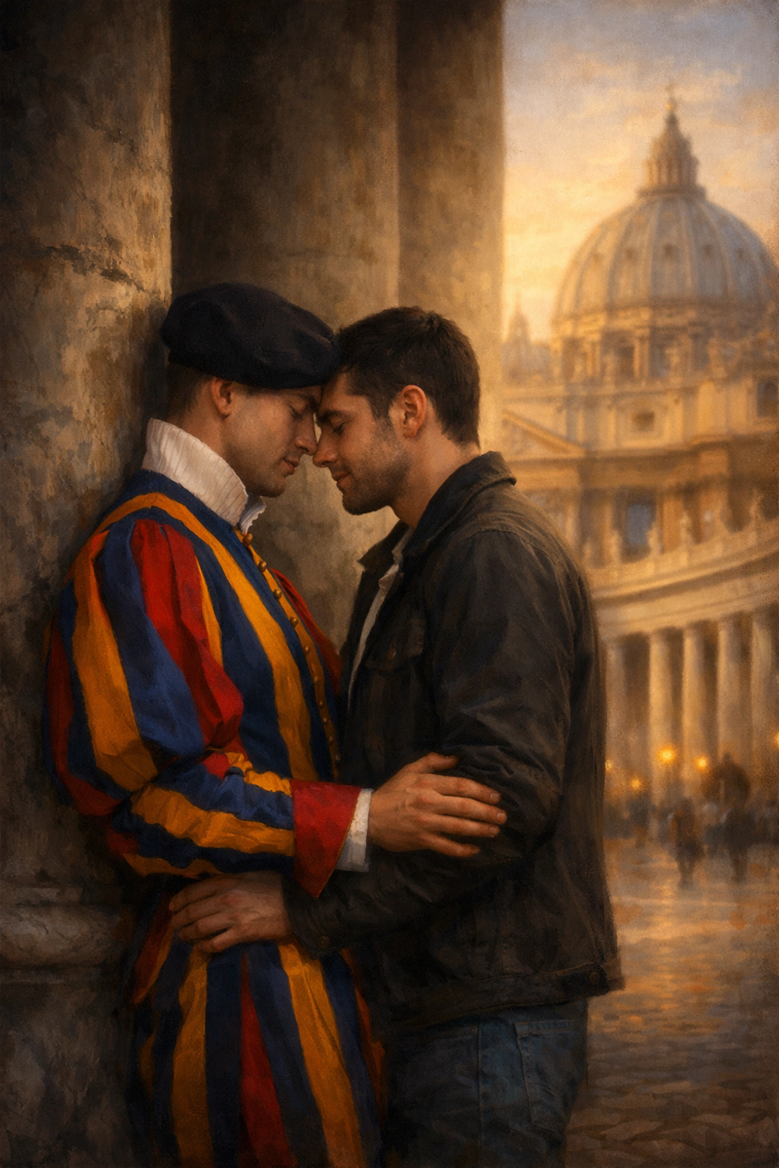 A Swiss Guard and his partner sharing a secret tender moment behind a marble column in the Vatican.