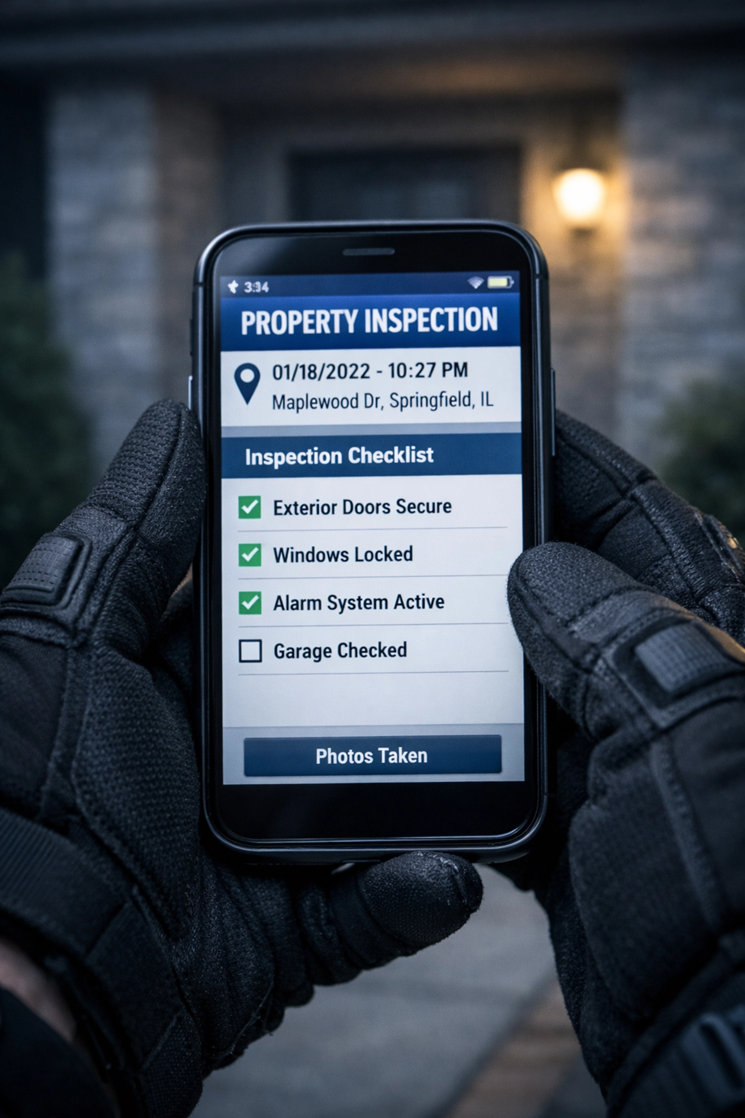 Security professional documenting vacant property inspection on mobile device for squatter prevention
