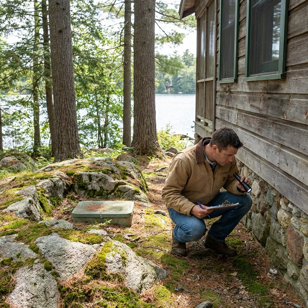 Home inspector examining cottage foundation and septic area, representing thorough Muskoka cottage inspections.