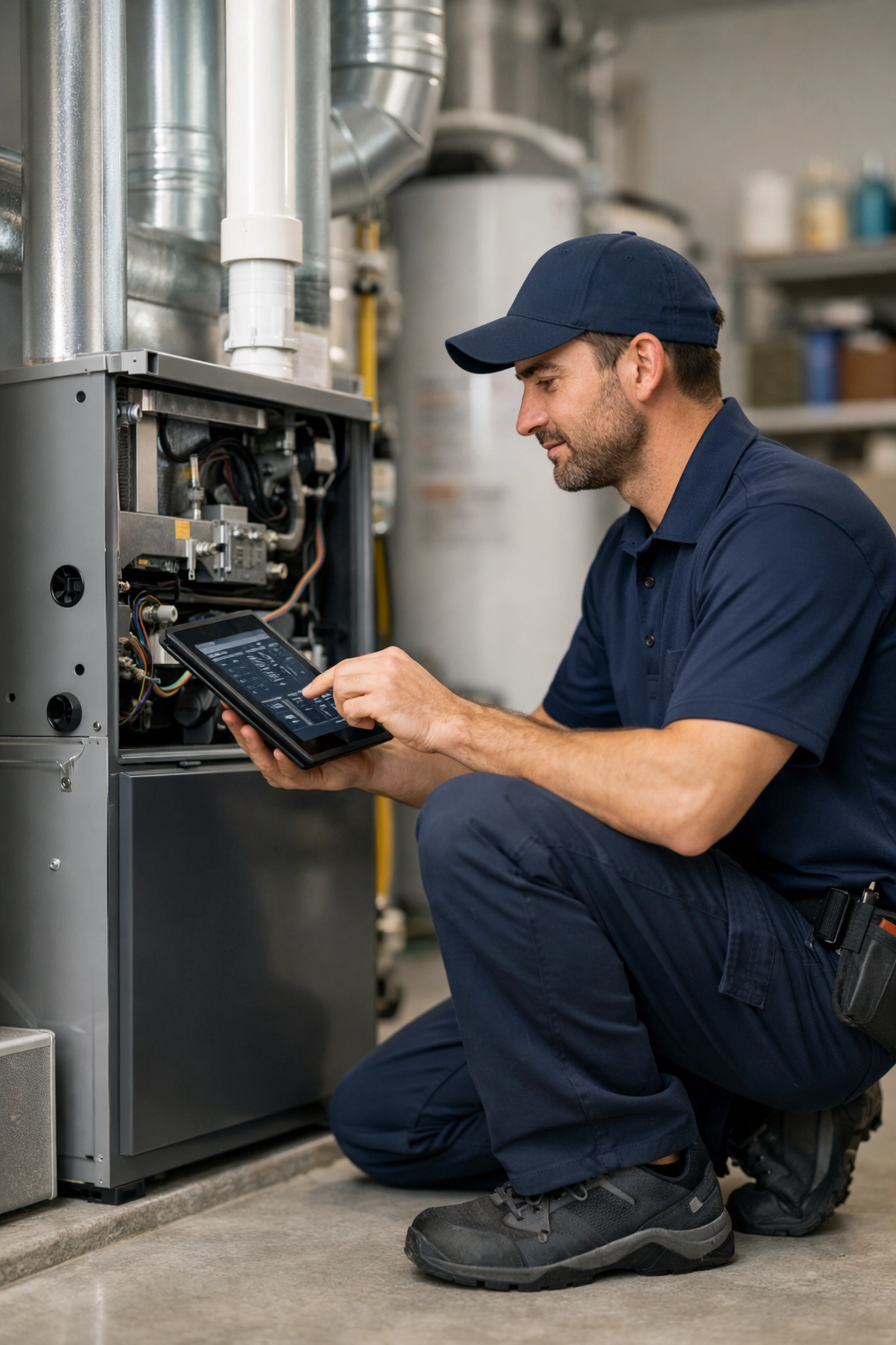 HVAC technician using a tablet for furnace diagnostics to ensure professional quality and safety.