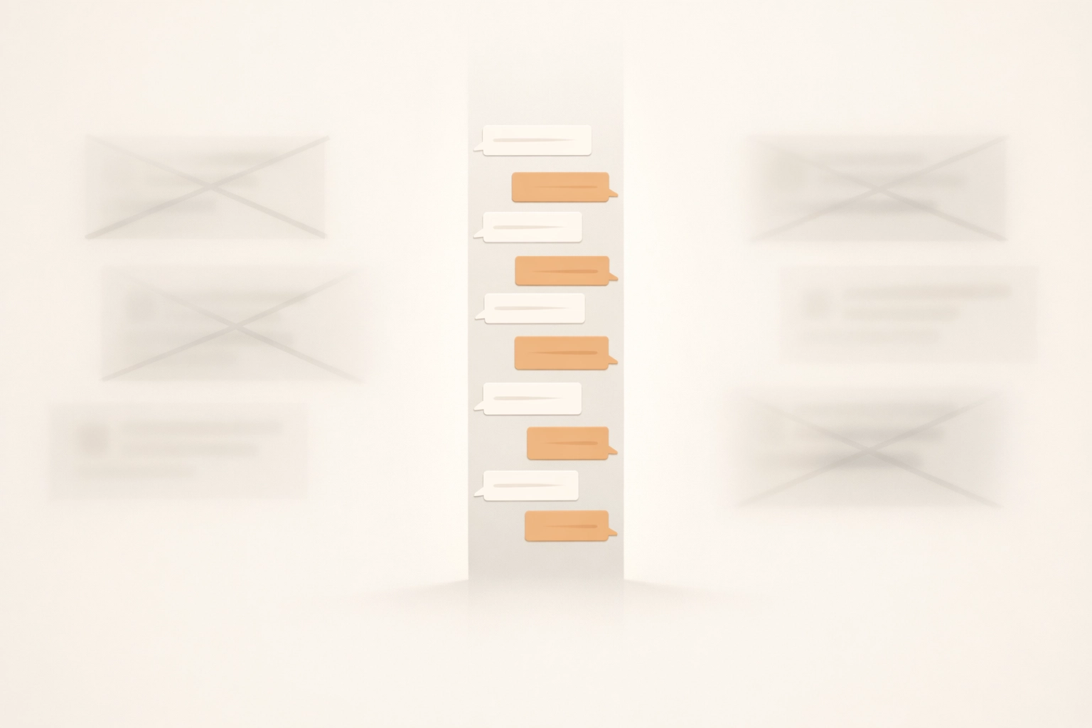 Abstract image of a focused message column with faded, crossed-out feed elements at the edges