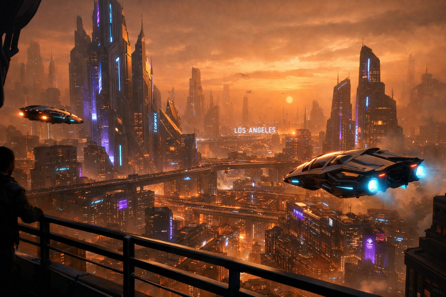 A futuristic 2050 LA cityscape with flying cars, a perfect setting for fans of best dystopian novels and sci-fi thrillers.