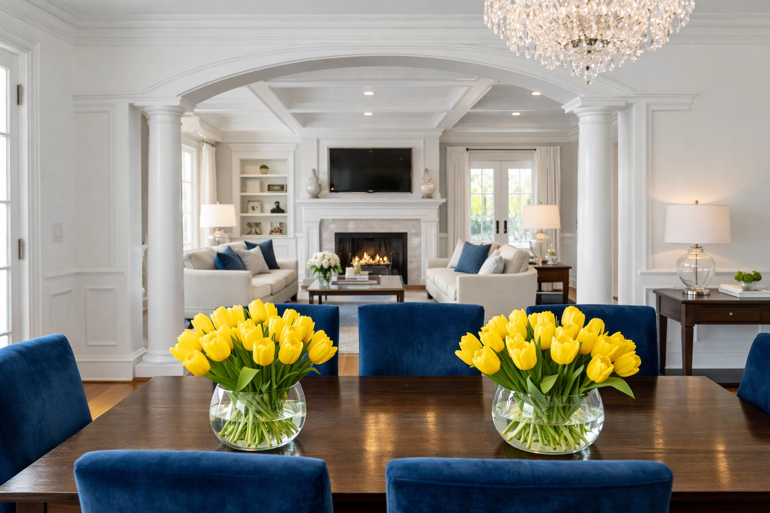 Immaculate dining area with blue chairs following an Apartment Cleaning Massachusetts deep clean.