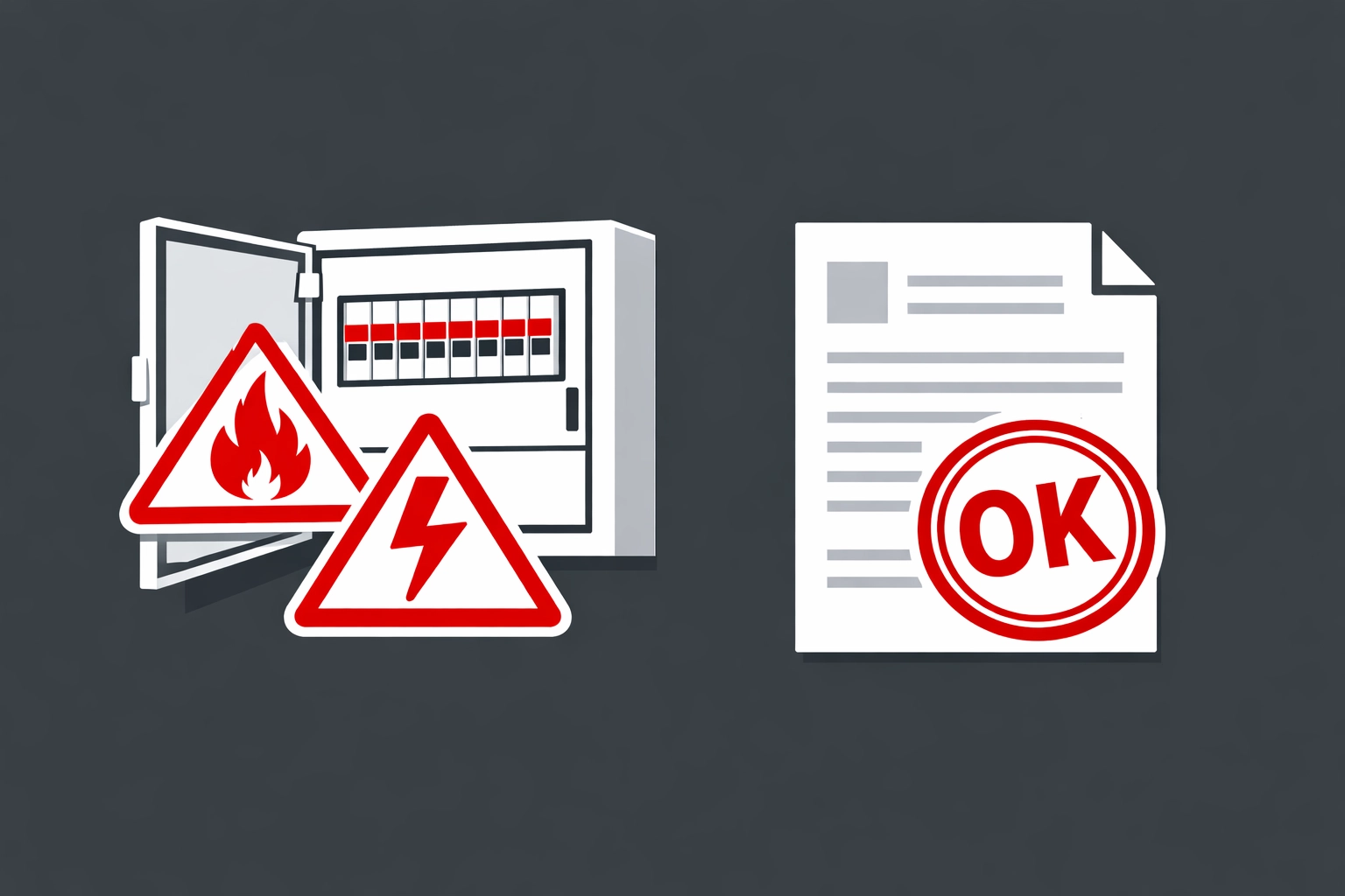 Illustration: Schaden/Versicherung – Warnsymbol & Befund-Nachweis