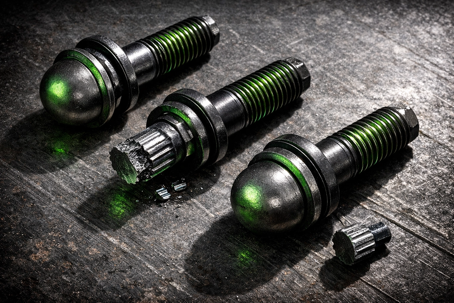 Tension control bolts showing spline at various installation stages for verification