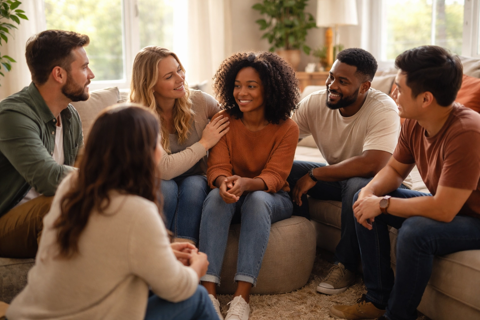 A supportive group of friends comfort each other in a bright living room, sharing burdens and faith community.