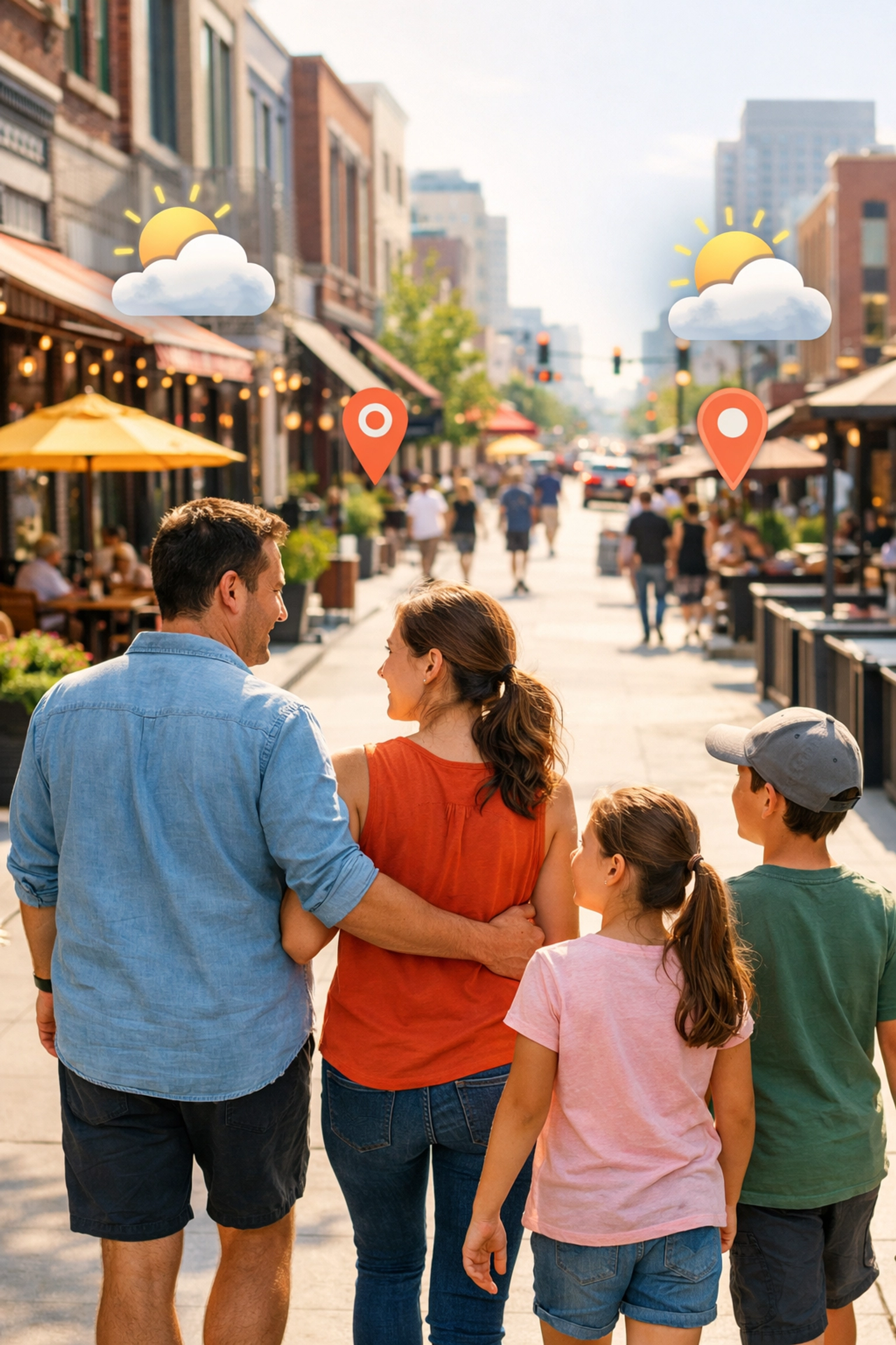 Family receiving privacy-safe location-based hotel recommendations while walking downtown