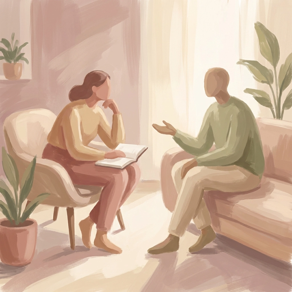 Two people in a calm psychiatry office having an open, equal conversation, embodying inclusive mental health care.