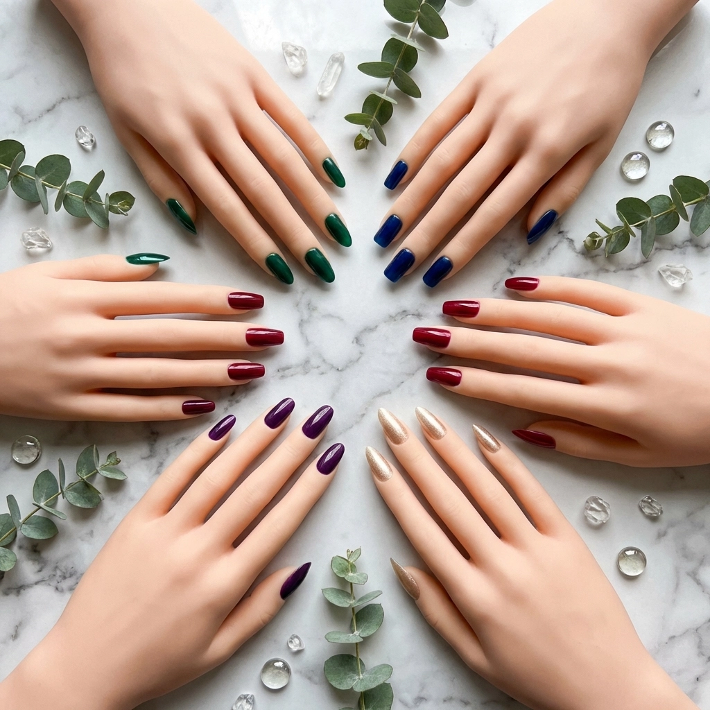 Flat lay of five trendy nail shapes in jewel tones, perfect for custom Russian manicures in Westwood, MA.