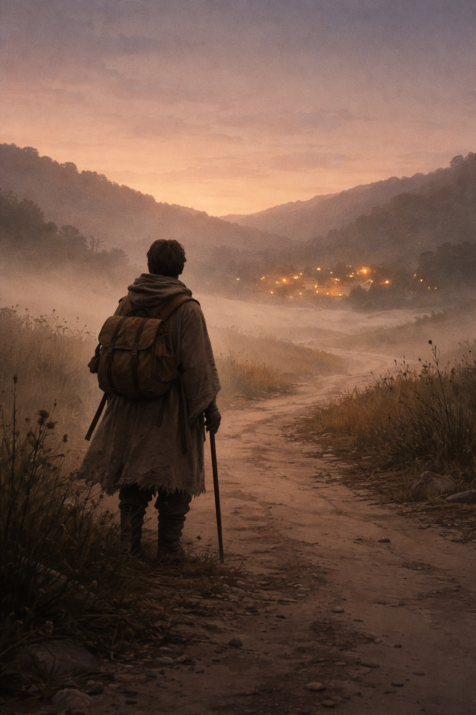 A weary traveler stands on a dusk-lit path, gazing at the warm lights of Mirren's Hollow village in the distance.