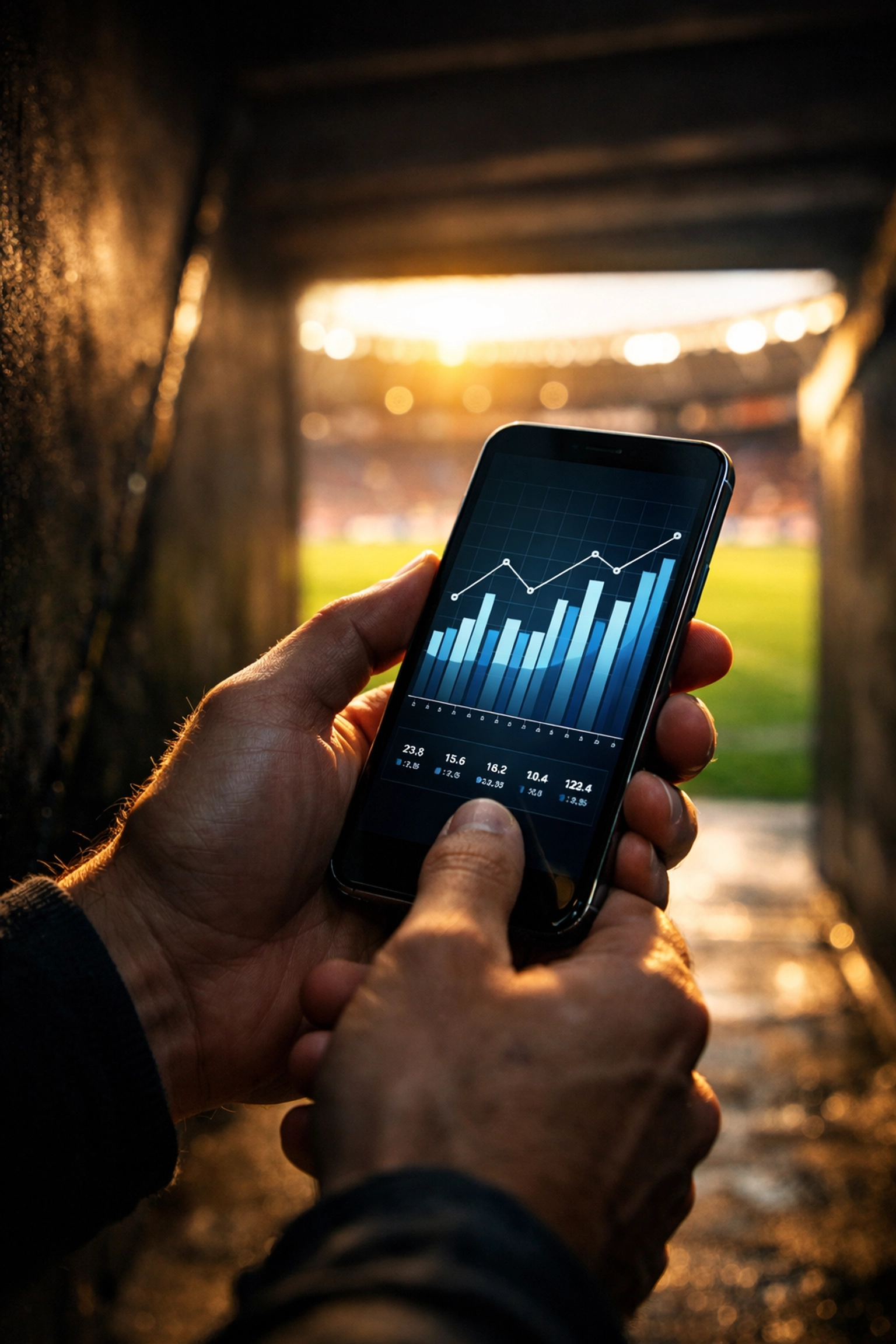 Professional athlete tracking NIL performance and digital marketing analytics on a smartphone in a stadium tunnel.