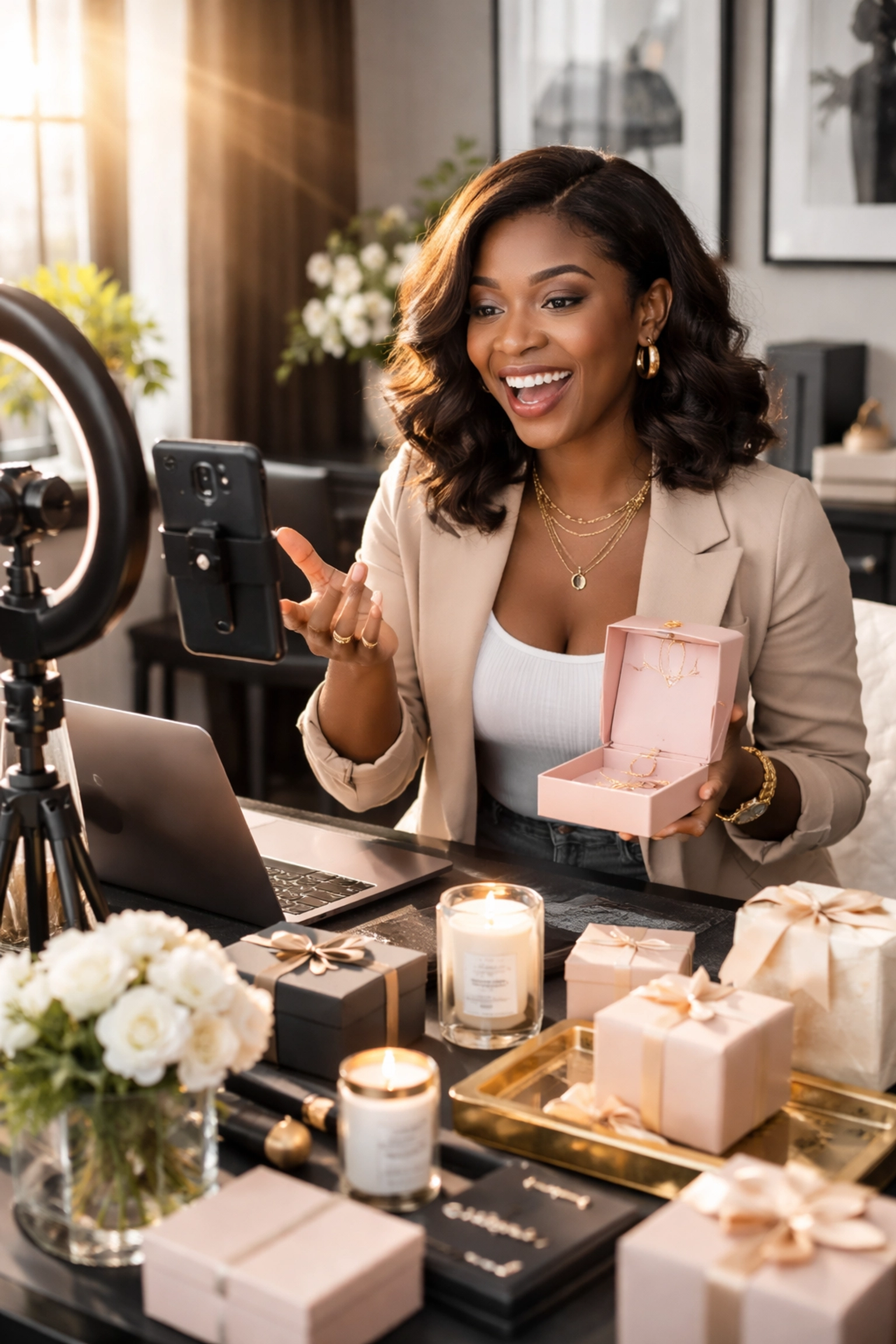 Black woman creating a product review video surrounded by luxury Black-owned business products