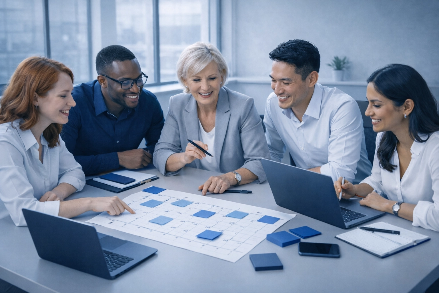 HR team collaborating on benefits enrollment planning during a meeting with calendars and laptops