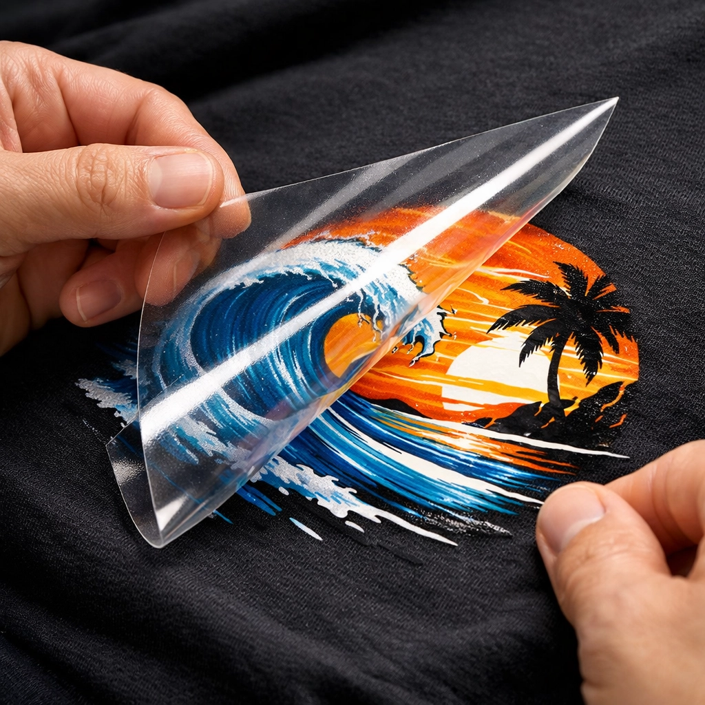 Hands peeling transfer film from freshly pressed DTF design on black t-shirt