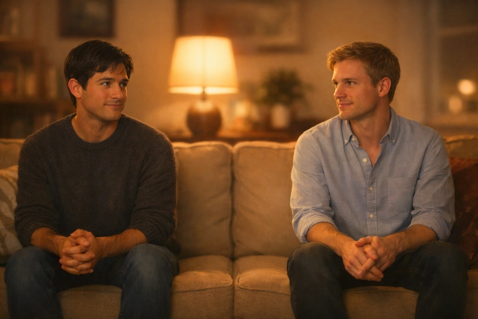 Two men on couch during early dating, building trust in slow burn gay romance