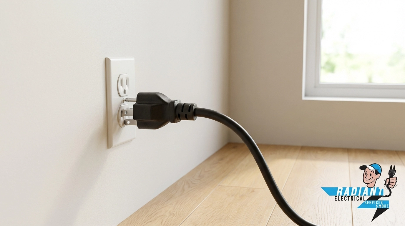 Properly placed space heater on hardwood floor in a bright Gwinnett County living room for winter electrical safety