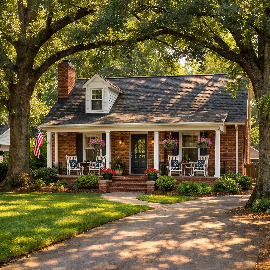 Classic brick-front resale home in a quiet Winston-Salem neighborhood with large oak trees.