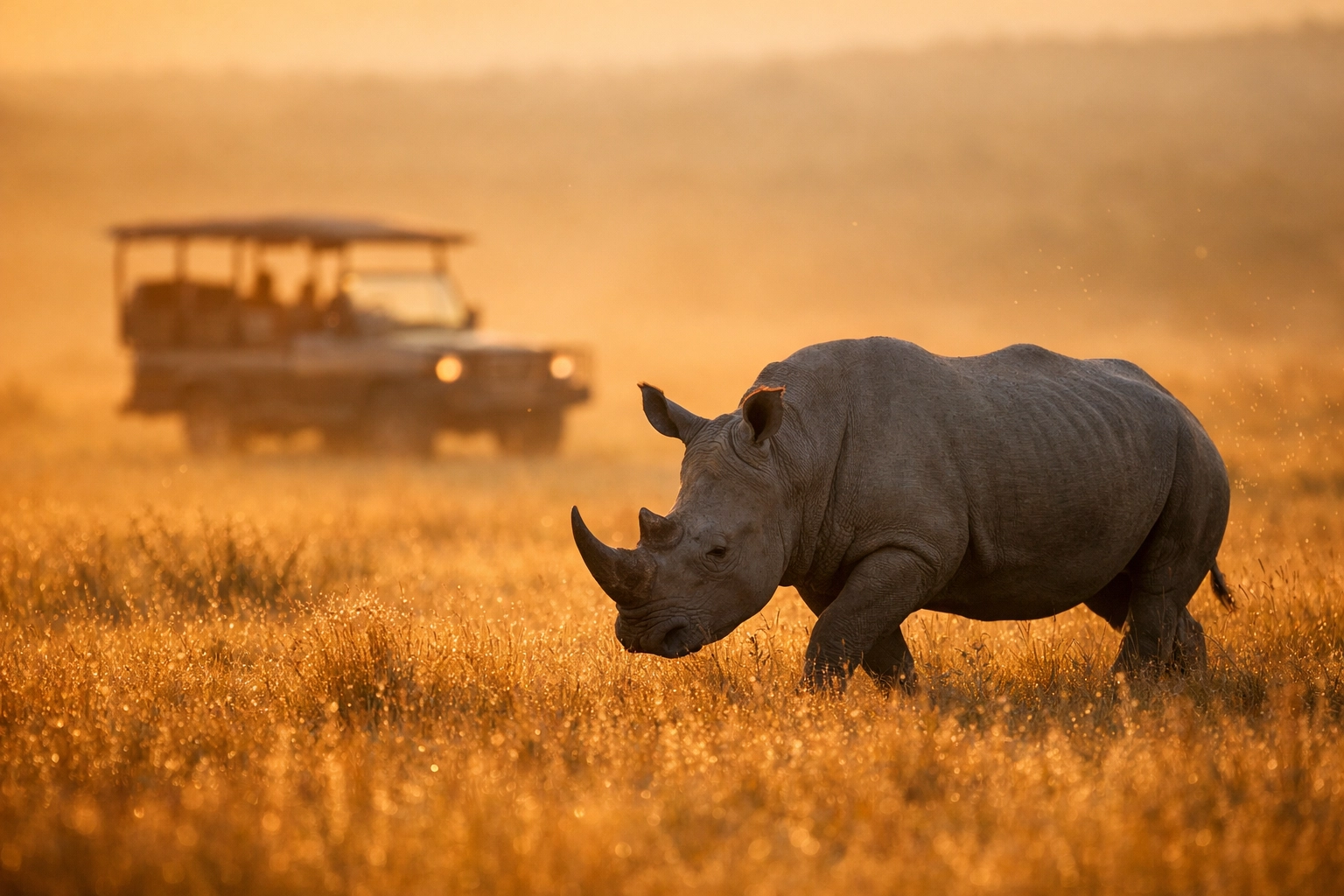 A white rhino in the golden grass of Hluhluwe-Imfolozi during a luxury South African safari adventure.