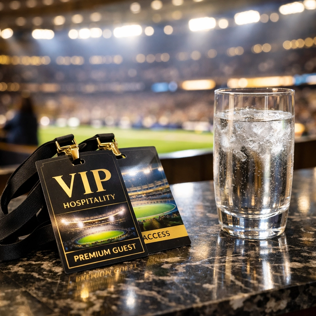 Premium Super Bowl VIP hospitality credentials at a stadium check-in desk.
