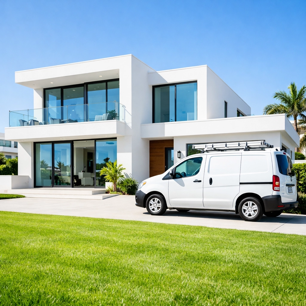 Professional service vehicle parked at a modern home, showing local contractor project results.