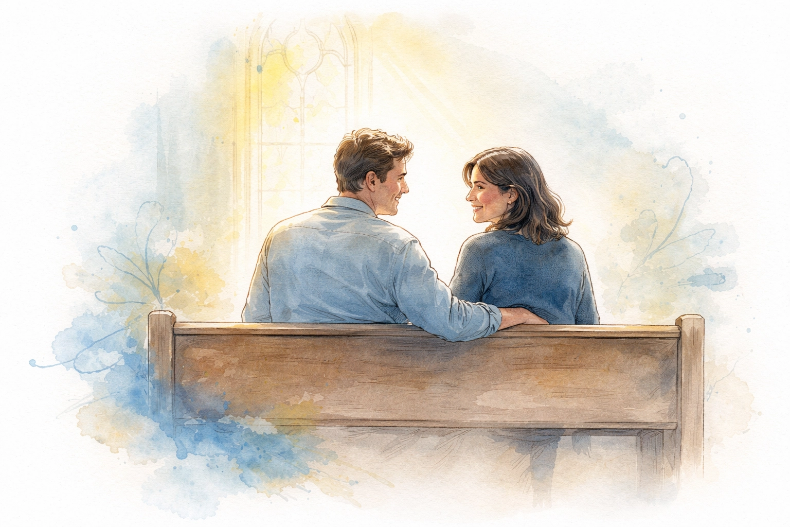 Watercolor illustration of two people connecting on a church pew, symbolizing true belonging in Christian community