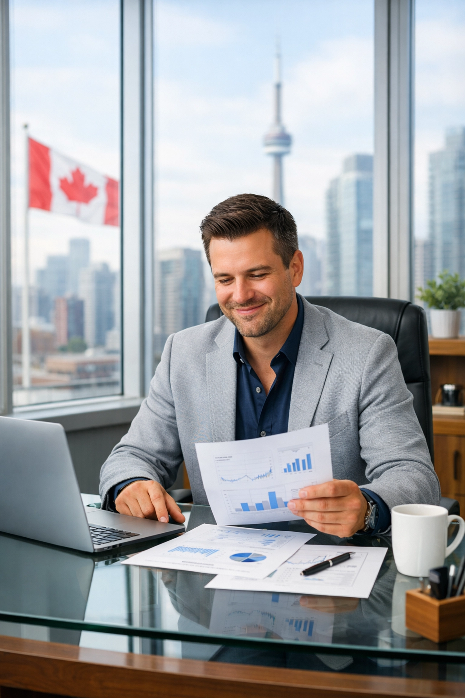 Canadian business owner reviewing financial documents for loan approval preparation
