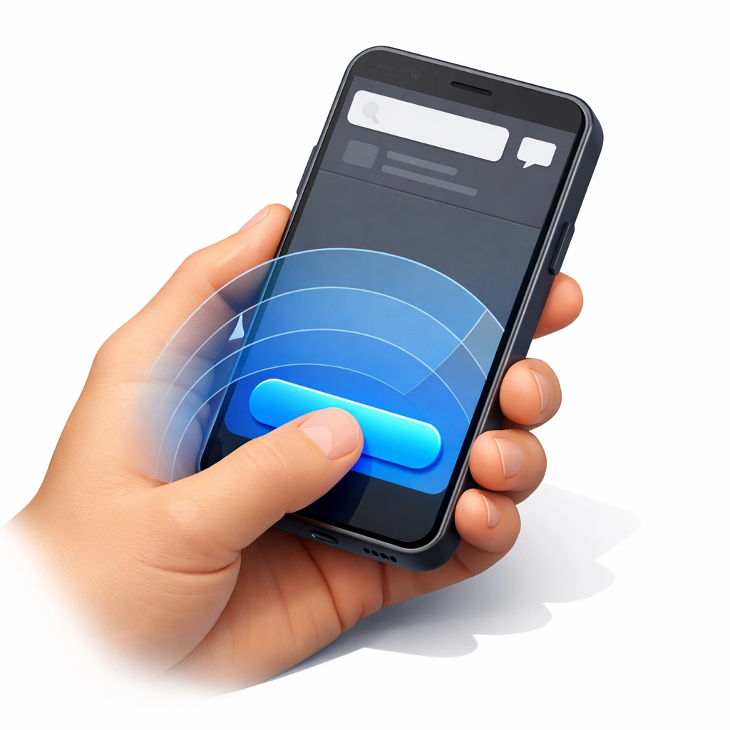 Smartphone held in hand showing optimal thumb reach zone for mobile call-to-action buttons