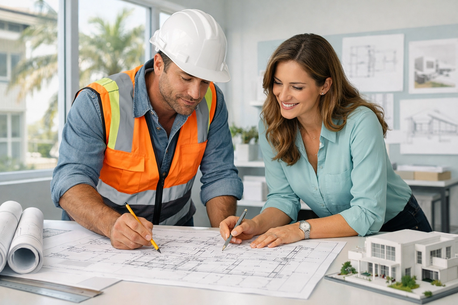 Design build contractor in South Florida and architect reviewing architectural blueprints in a modern studio.