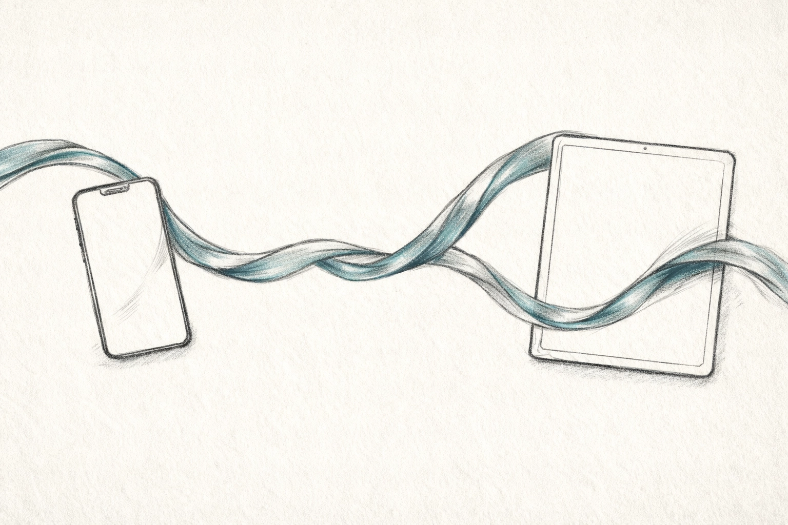 Teal ribbon connecting digital devices, symbolizing a cohesive brand identity and seamless customer journey.