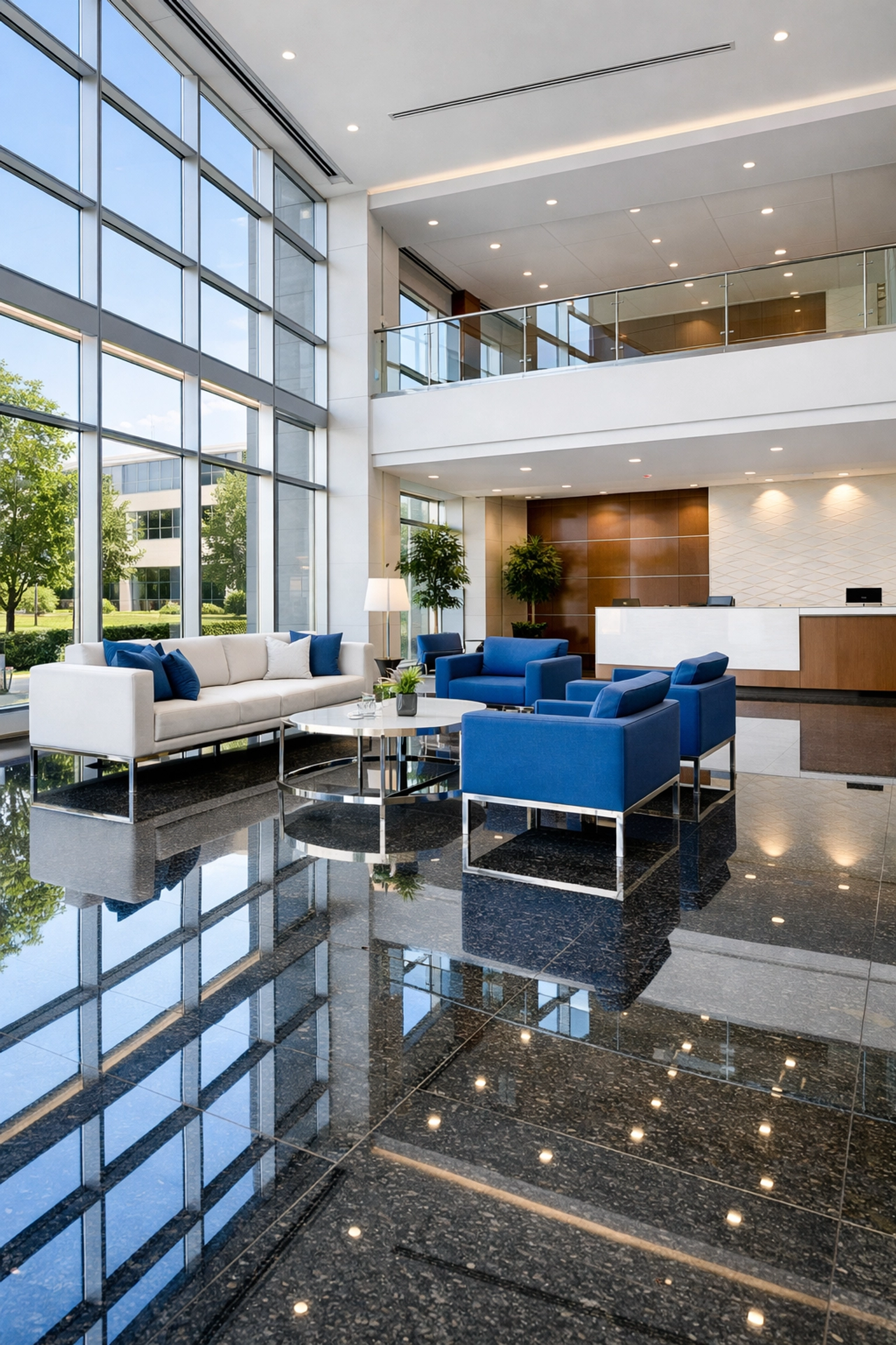 Polished granite floors in a Wilmington lobby showing janitorial excellence for local firms.
