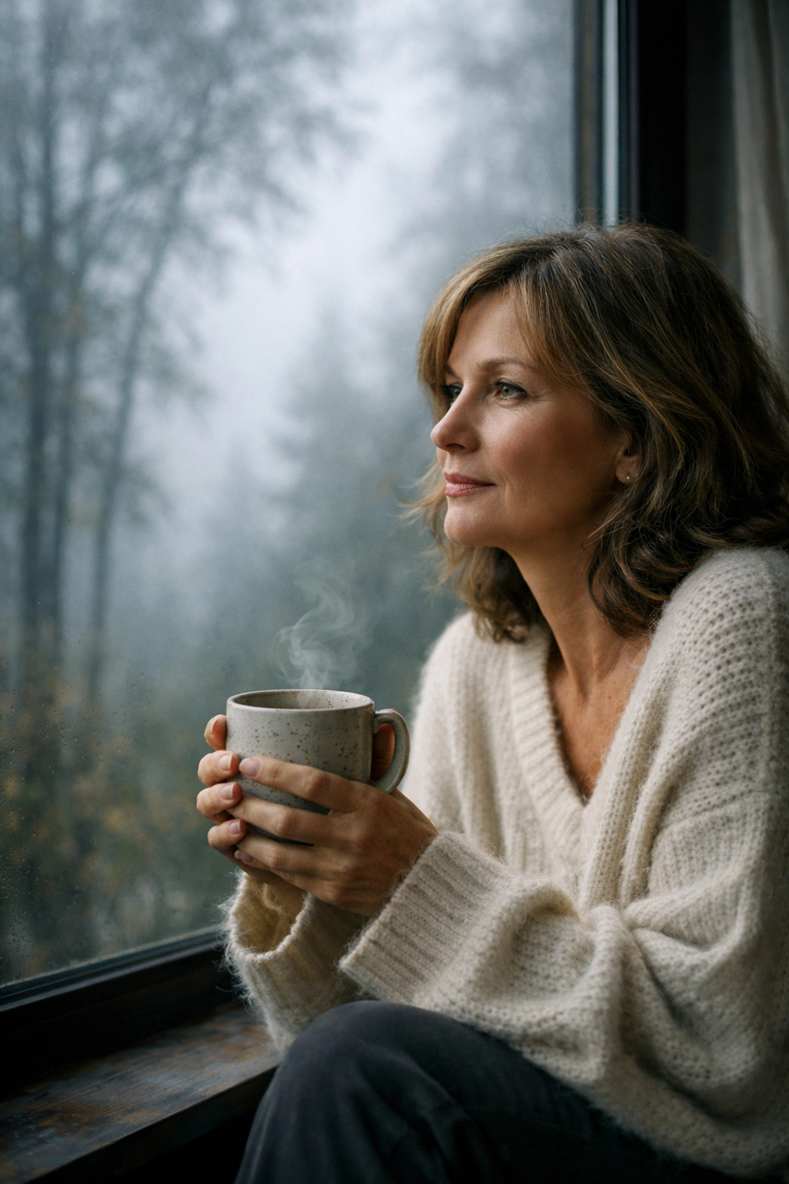 A woman in a soft sweater looking out a misty window, reflecting on her heart over mind journey.