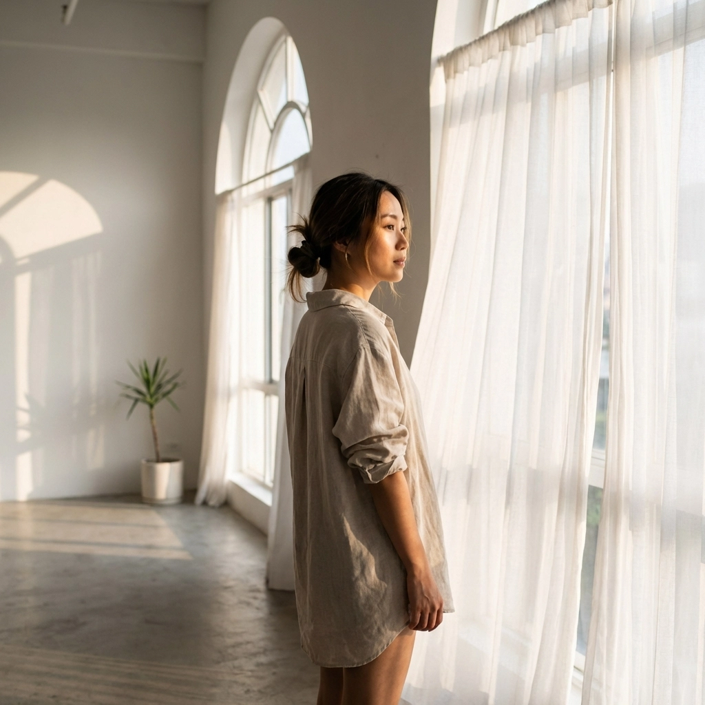 East Asian model in a sun-drenched loft illustrating soft window lighting for nude photography.