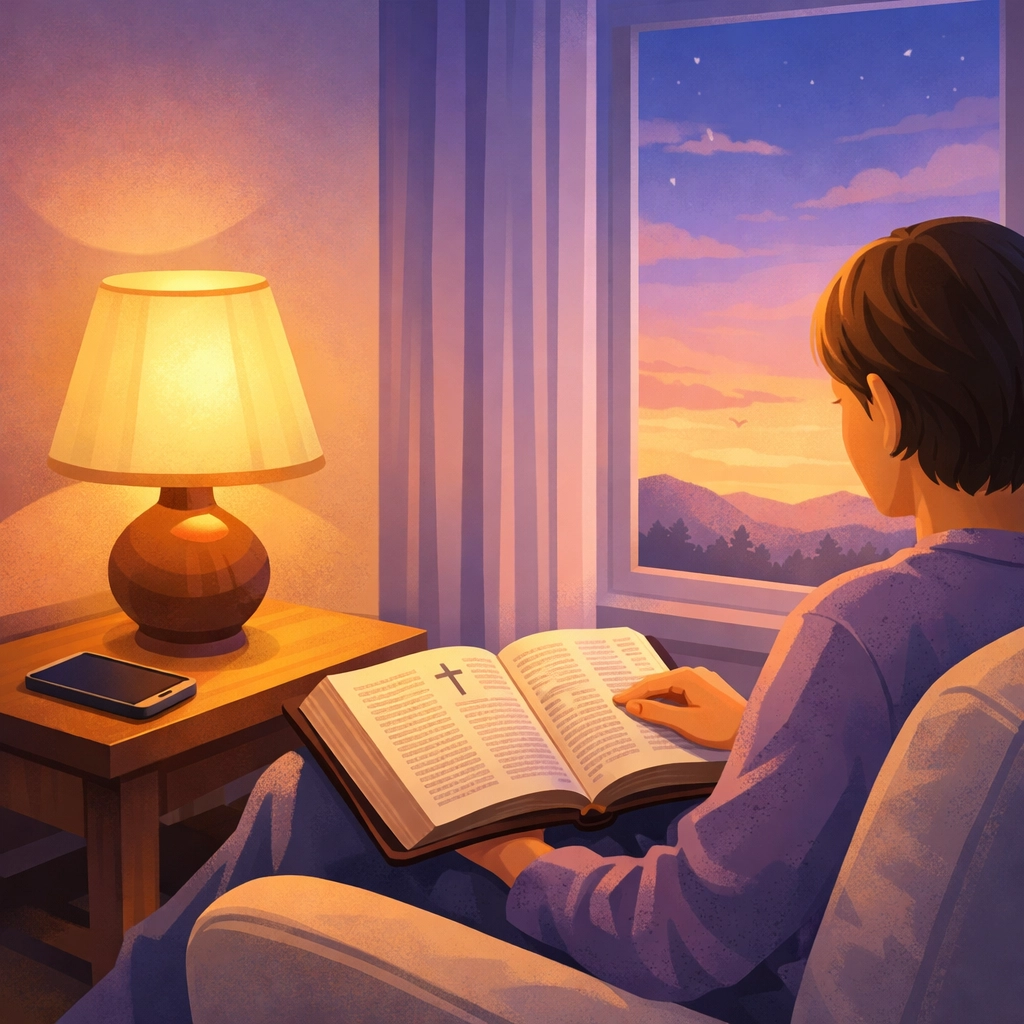 Person reading Bible in peaceful morning light with phone deliberately set aside for devotion