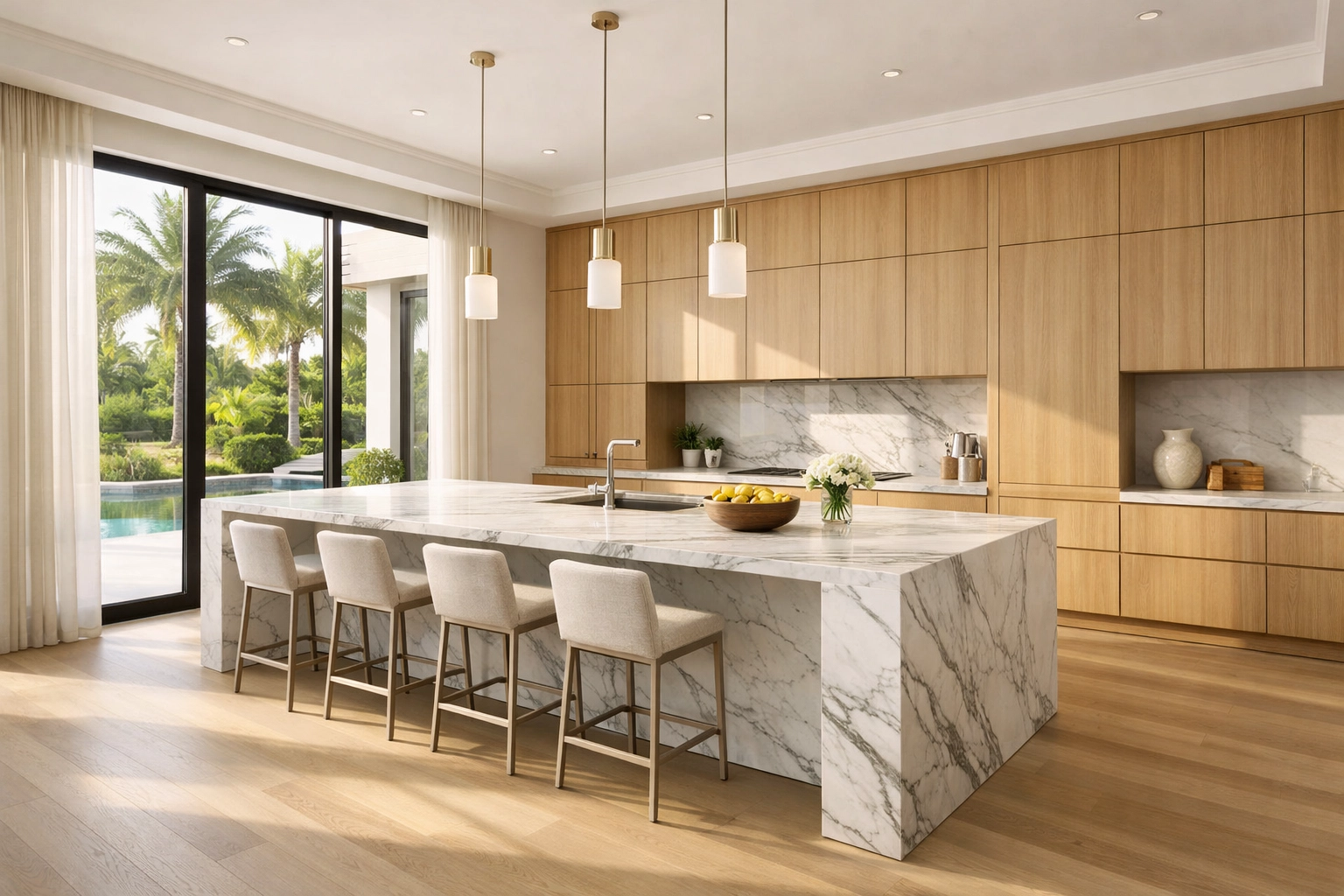 Modern kitchen remodeling Orlando featuring a marble waterfall island and high-end custom cabinetry.