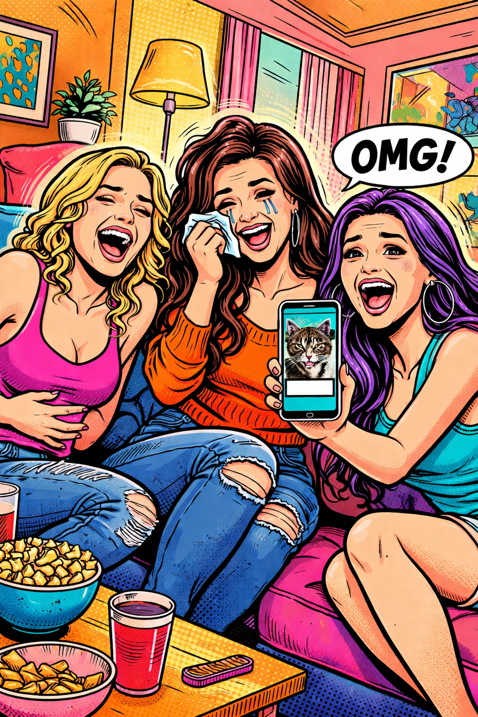 Best friends on a couch sharing emotional support, laughter, and memes in their group chat