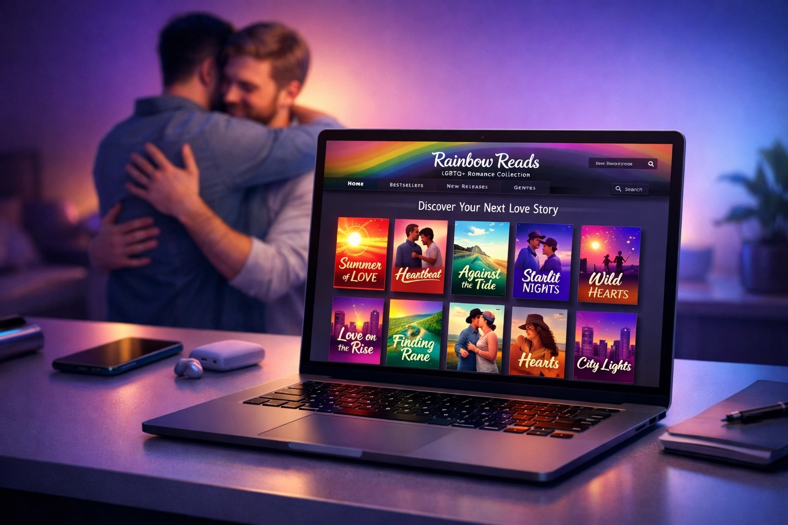 Branded LGBTQ+ author store displaying gay romance ebooks with couple embracing in background
