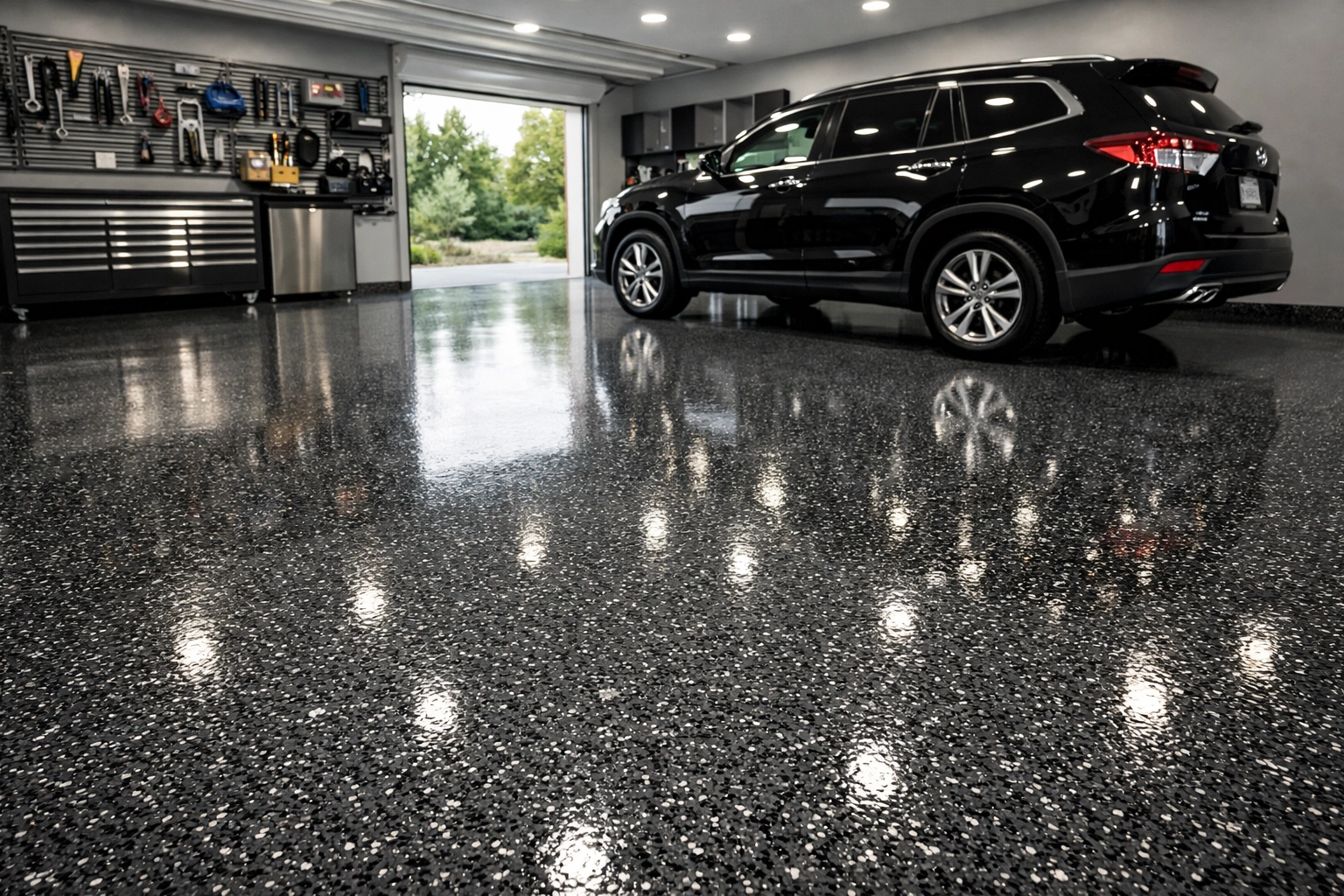 Glossy polyaspartic garage floor coating with grey flake finish in a modern Jackson MS garage