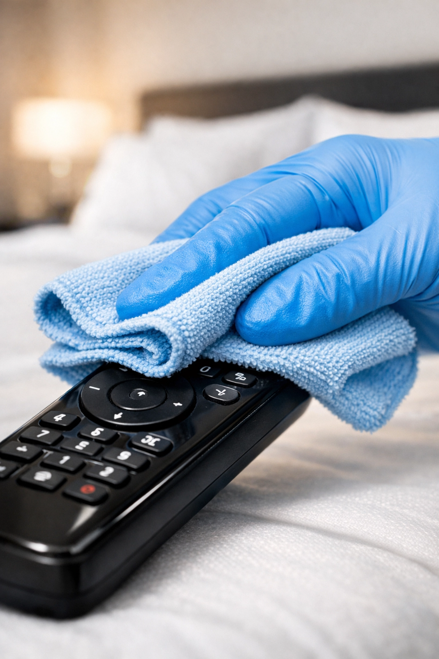 Professional cleaner sanitizing a remote control to maintain high hygiene standards in a vacation rental.