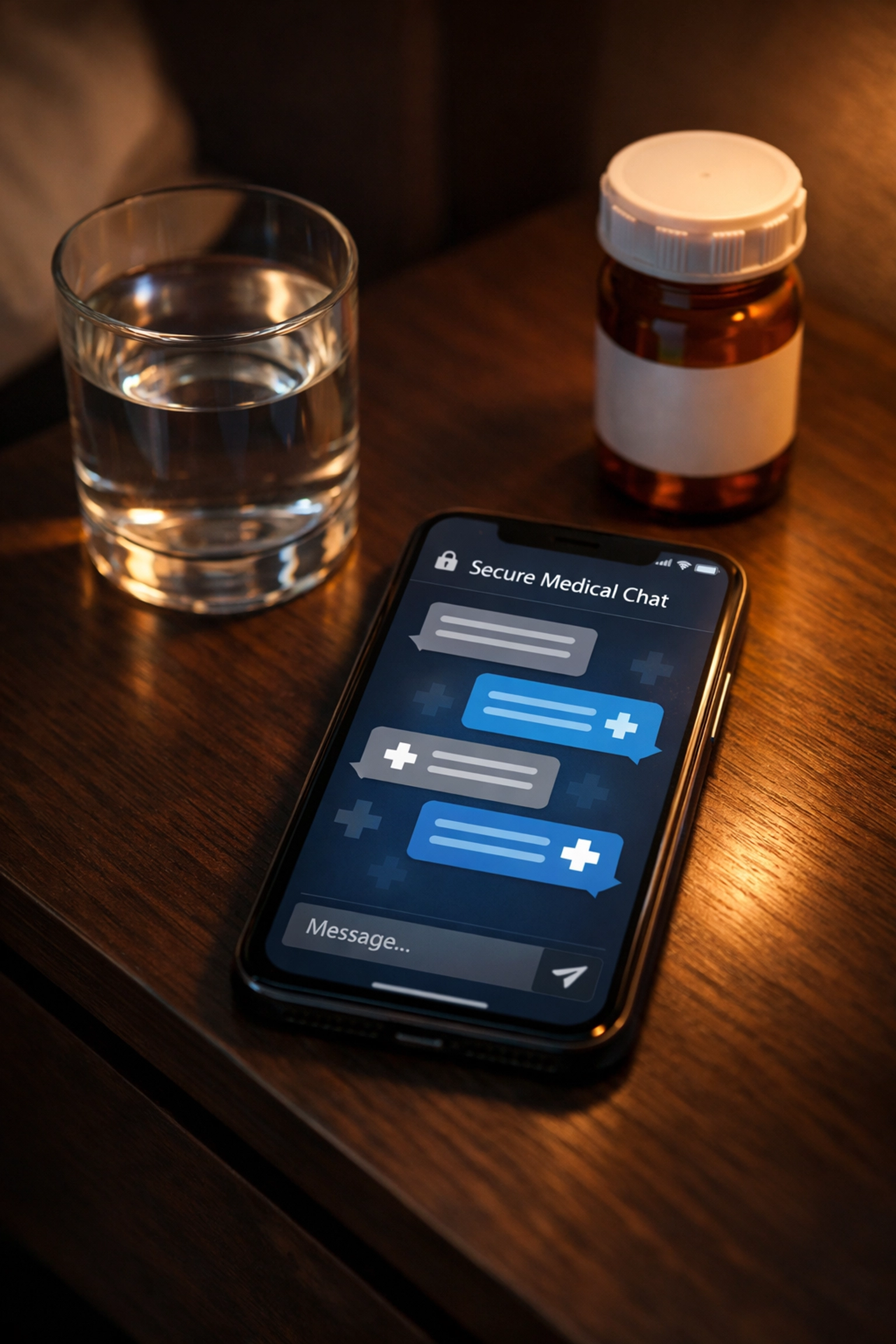 Secure medical messaging for discreet ED treatment online with a prescription bottle on a bedside table.