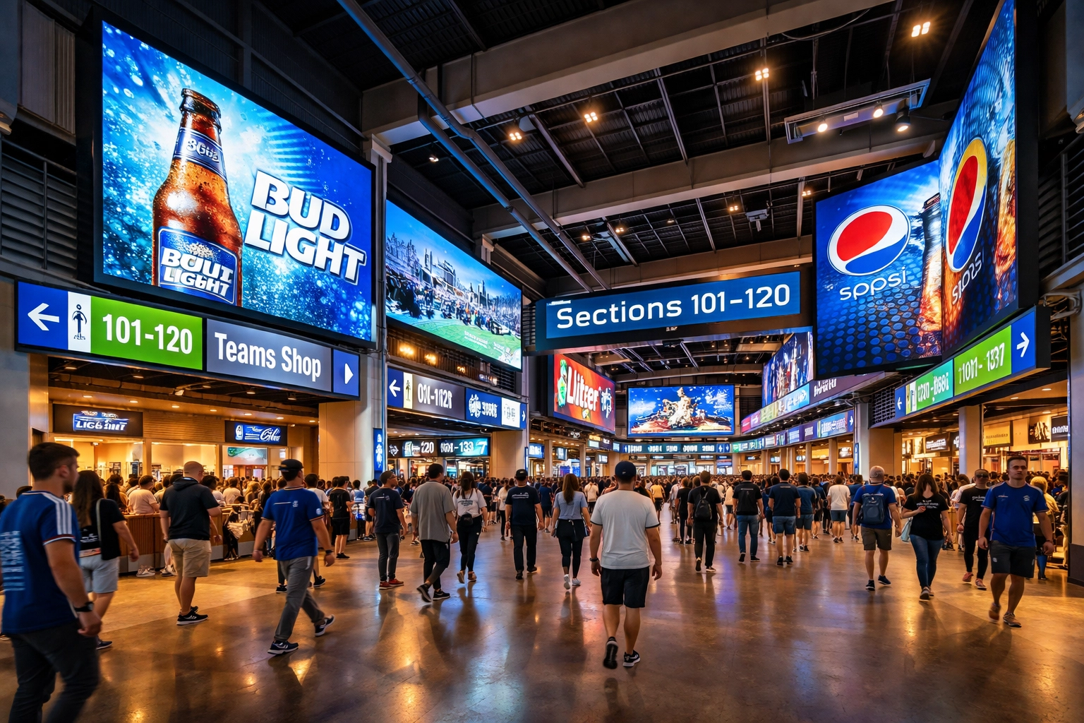 Modern sports stadium with digital signage and LED screens, showcasing advertising and wayfinding for enhanced fan engagement.