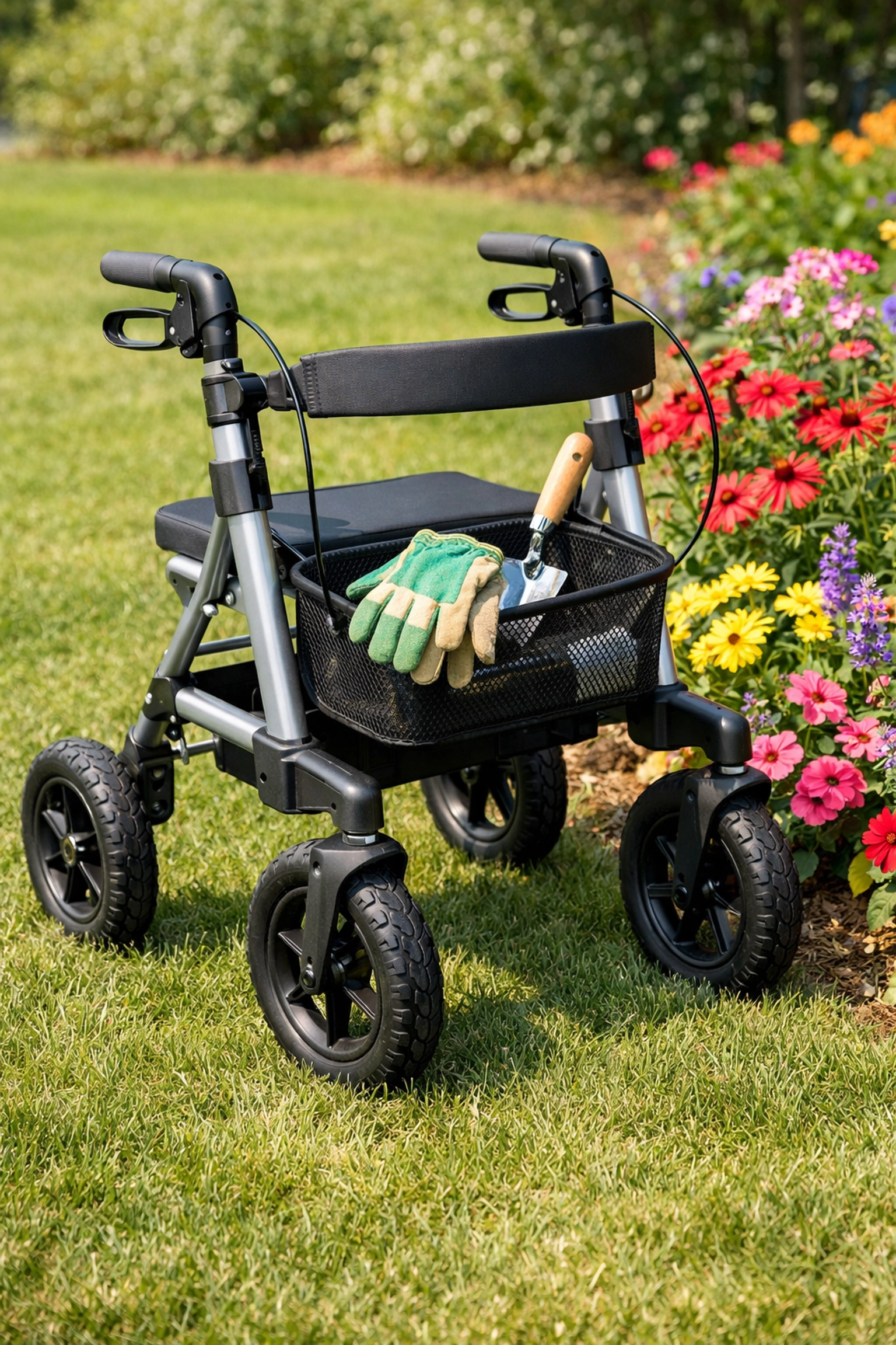Outdoor rollator walker with large wheels on a grass lawn for stable mobility in the garden.