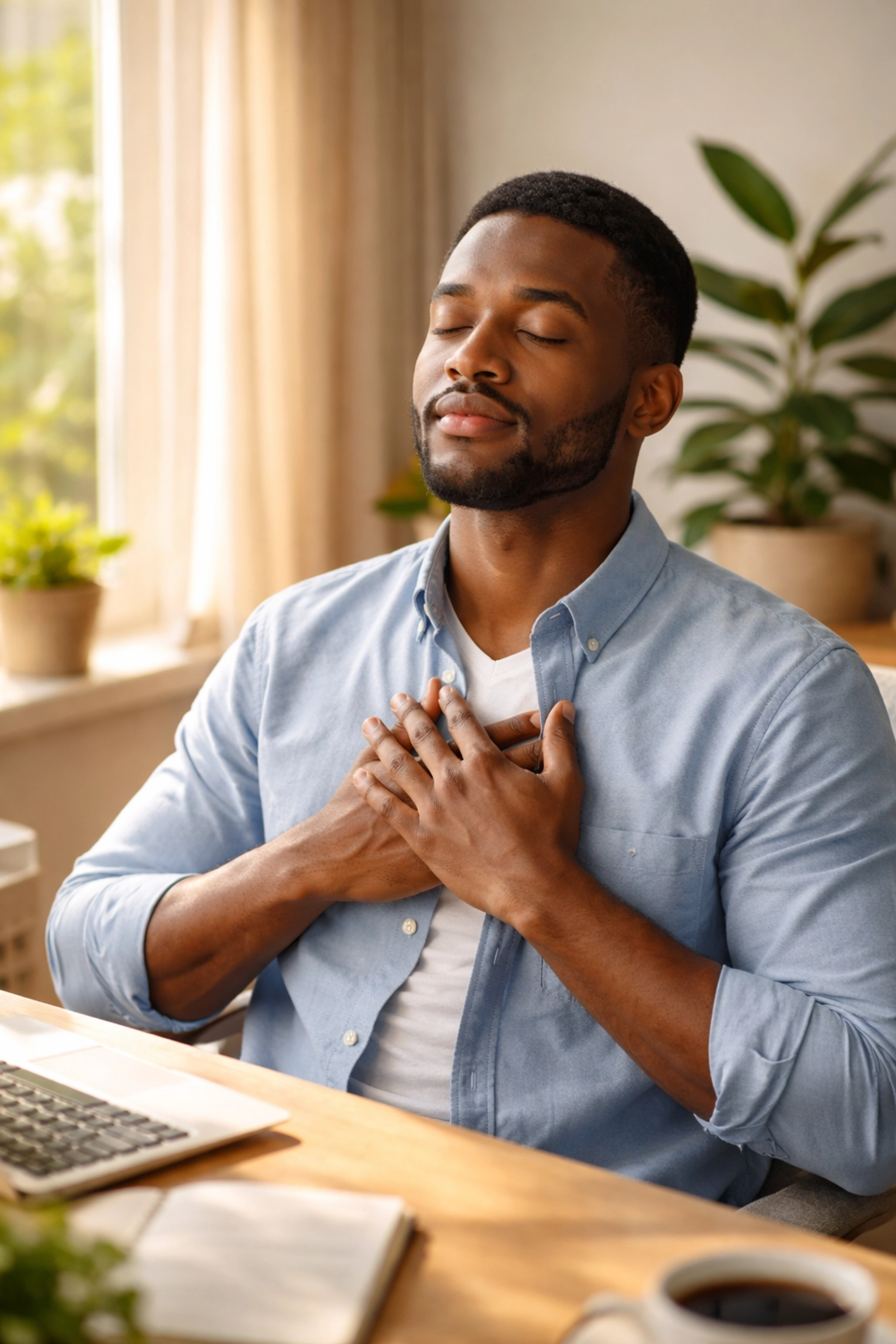 Young Black man reflecting quietly at his home office desk, embodying self-affirmation for afternoon motivation