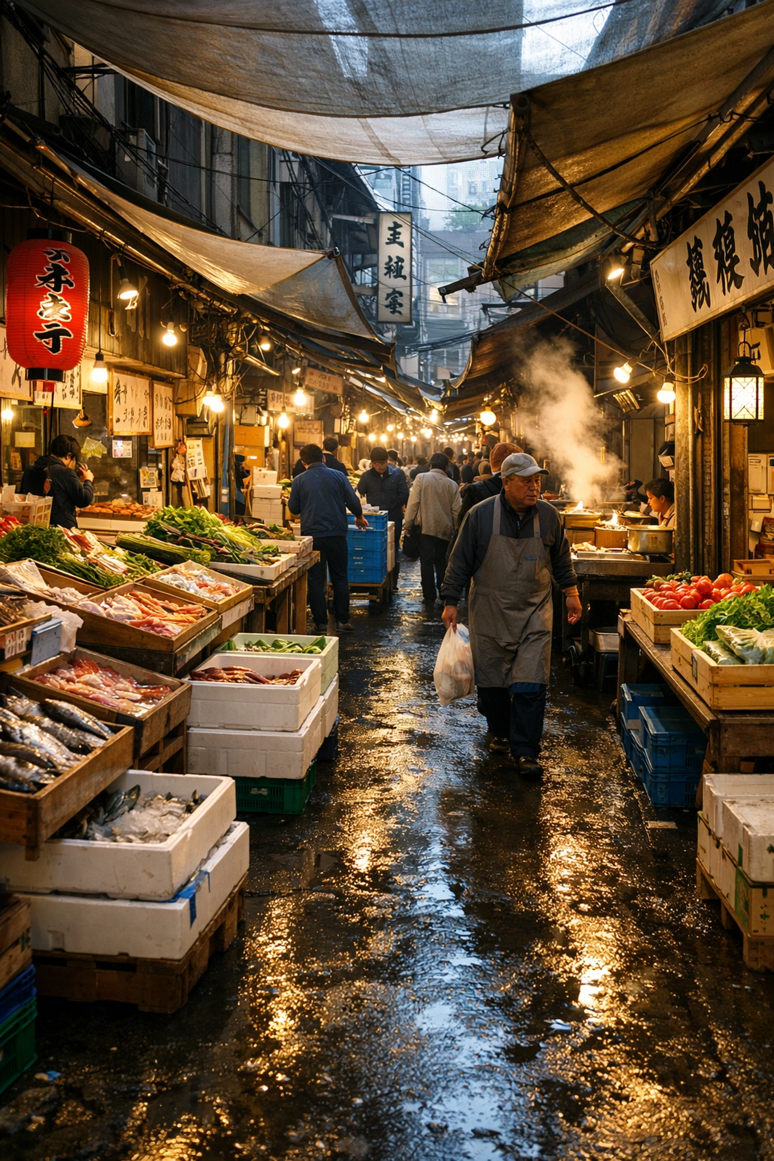Early morning crowds and fresh seafood stalls in Tsukiji Outer Market, Tokyo breakfast scene