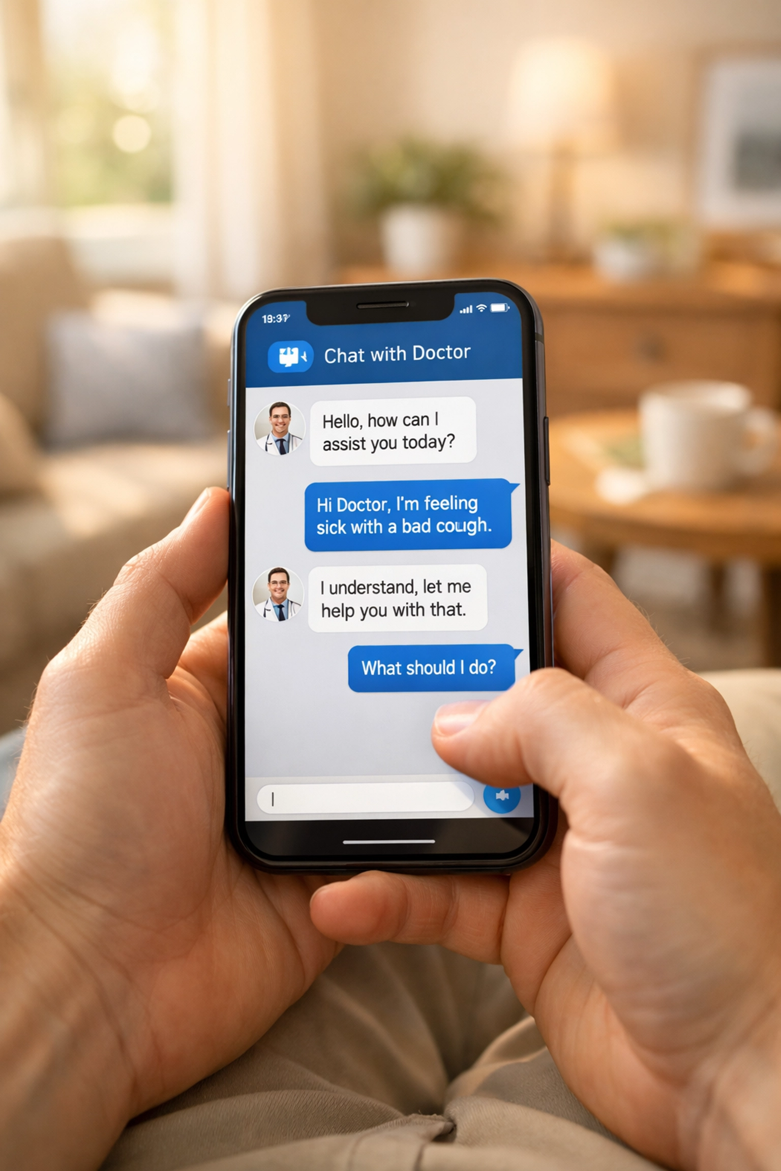 Secure online medical chat on a smartphone allowing a patient to text a doctor 24/7 for instant healthcare advice.