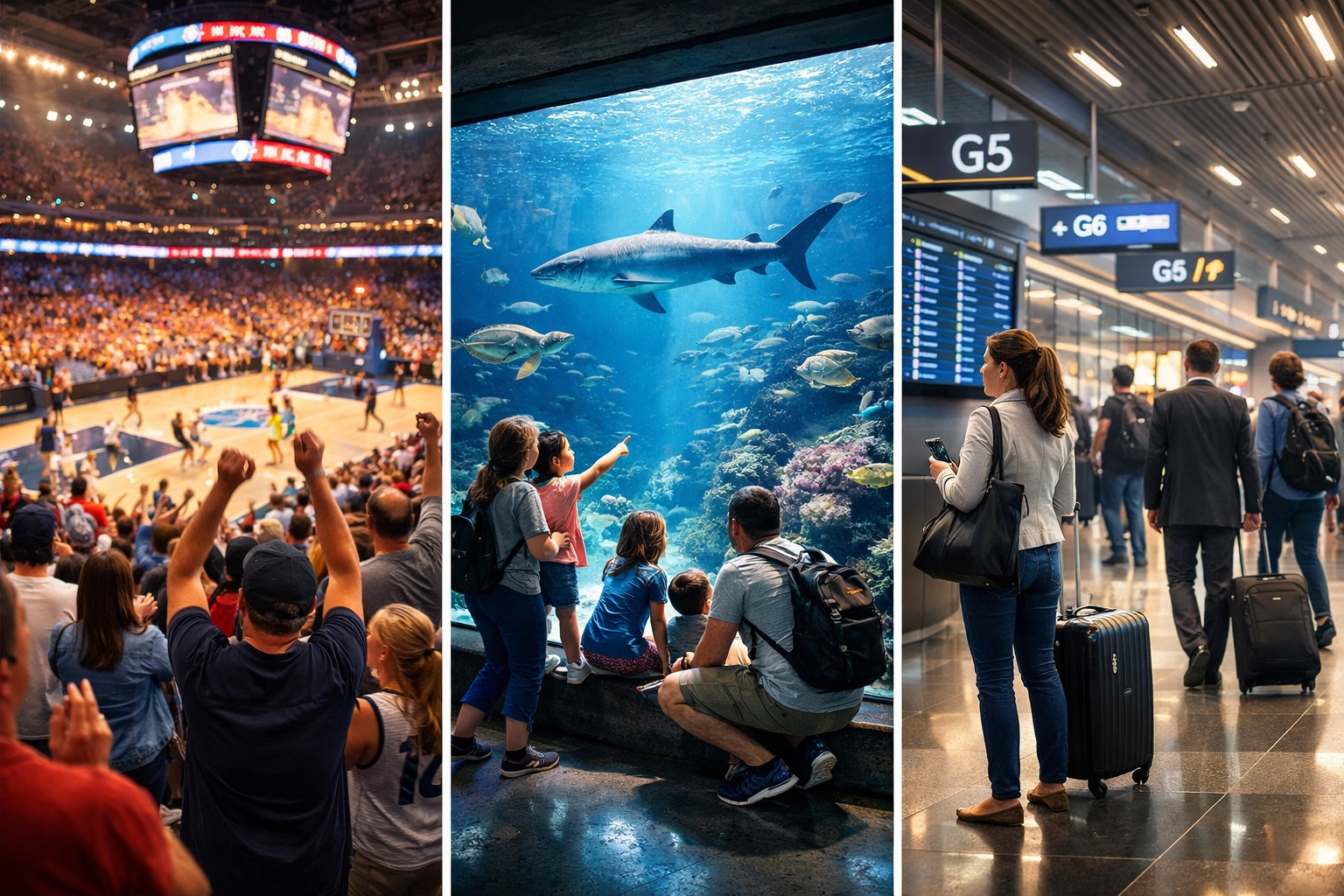 Multi-venue advertising touchpoints: sports arena, aquarium exhibit, and transportation hub