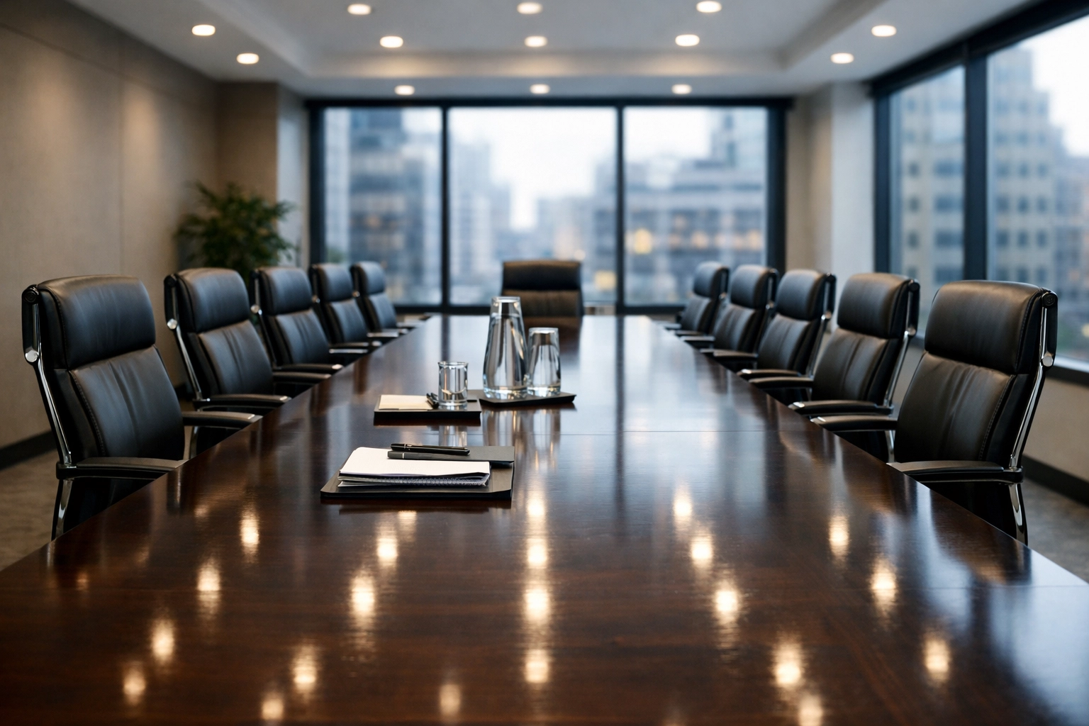 Clean corporate conference room featuring a polished wood table and modern office chairs.