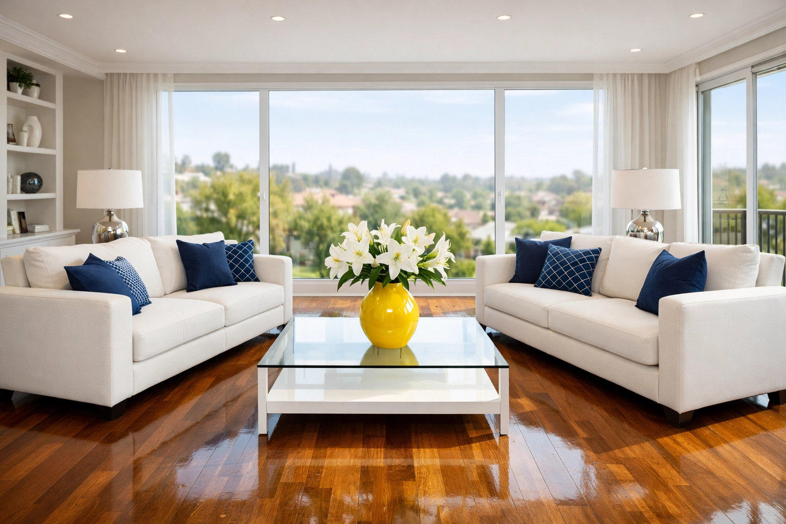 A guest-ready living room with pristine floors, maintained by a weekly house cleaning schedule.